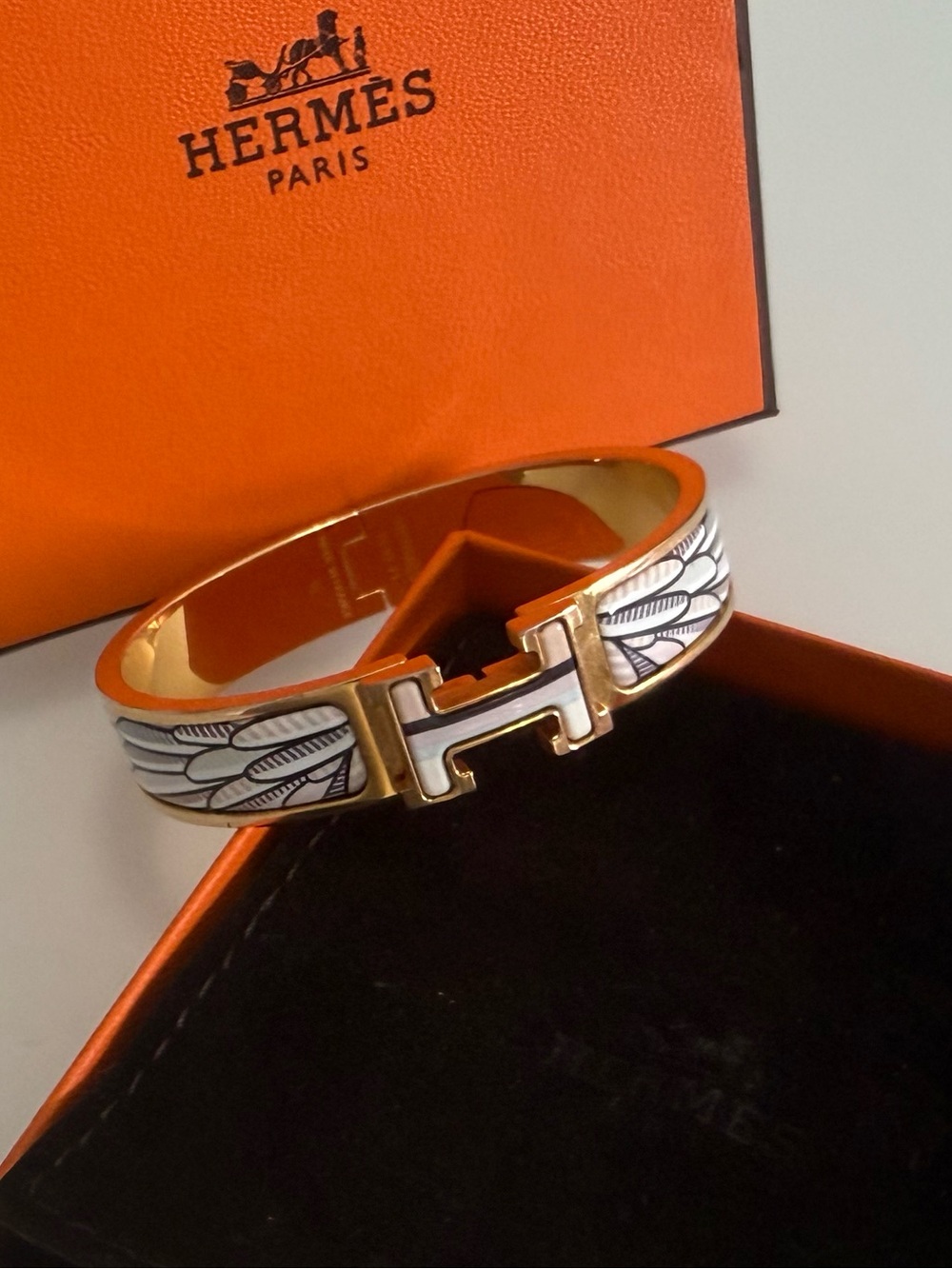 Hermes White Enamel and RoseGold H Cuff Bracelet